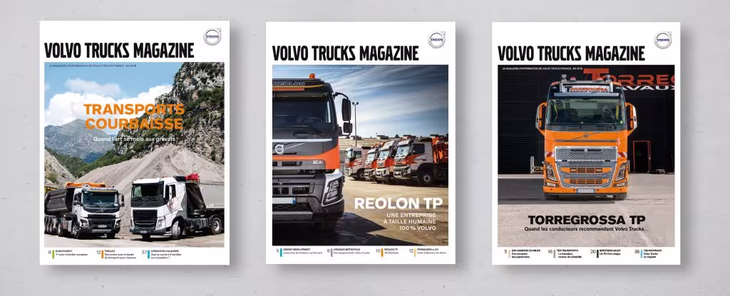 Trois couvertures du magazine Volvo Trucks mettant en avant des camions et des entreprises de transport.