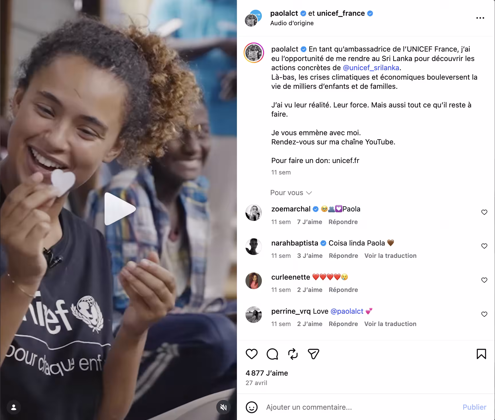 Post collaboratif Instagram Paolalct et Unicef france